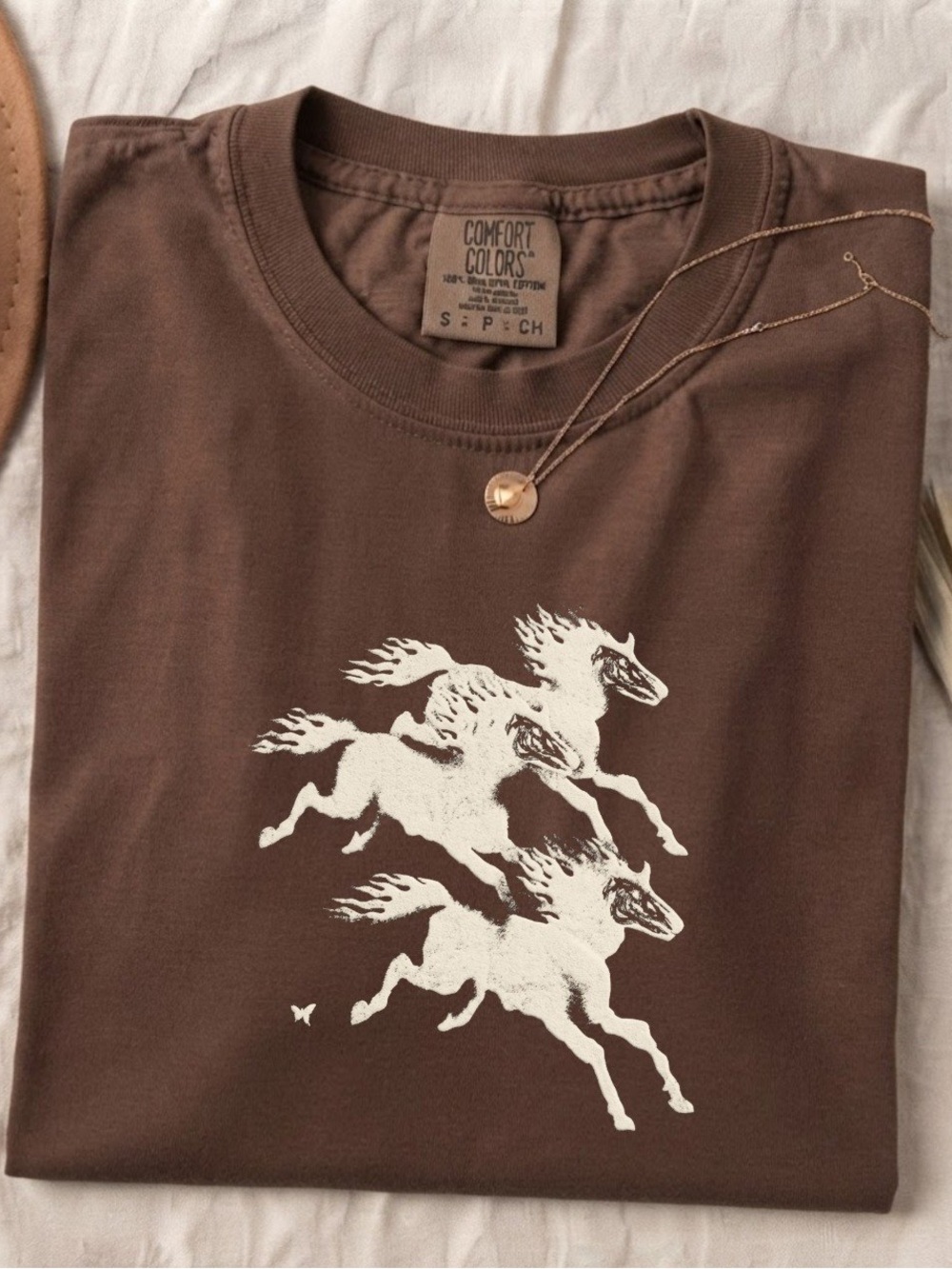 Comfort Colors Brown Short-Sleeve Tee with White Running Horse Graphic